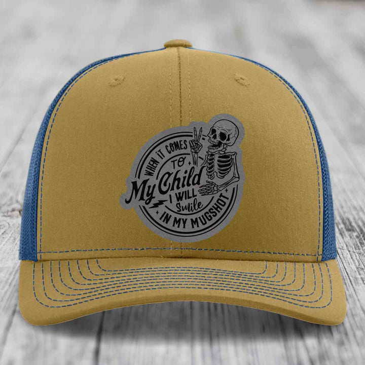 When It Comes To My Child, I Will Smile In My Mugshot (Papa) - Leather Patch Hat - Grey to Black Patch - Richardson 112 Snapback Trucker Hat