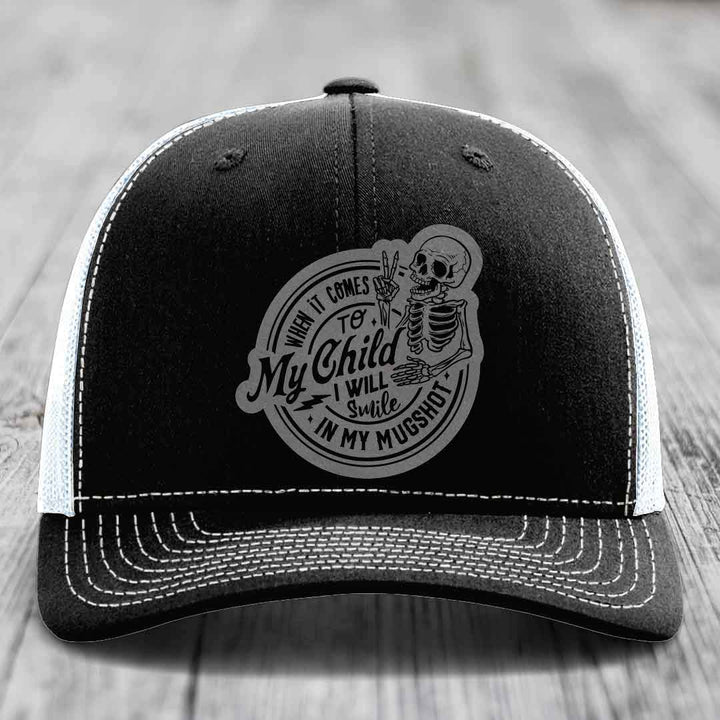 When It Comes To My Child, I Will Smile In My Mugshot (Papa) - Leather Patch Hat - Grey to Black Patch - Richardson 112 Snapback Trucker Hat