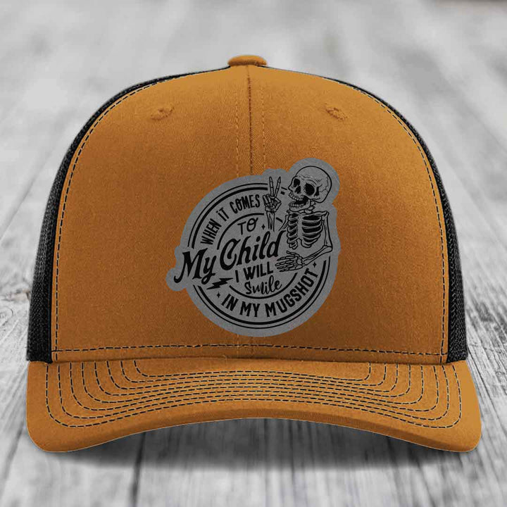 When It Comes To My Child, I Will Smile In My Mugshot (Papa) - Leather Patch Hat - Grey to Black Patch - Richardson 112 Snapback Trucker Hat