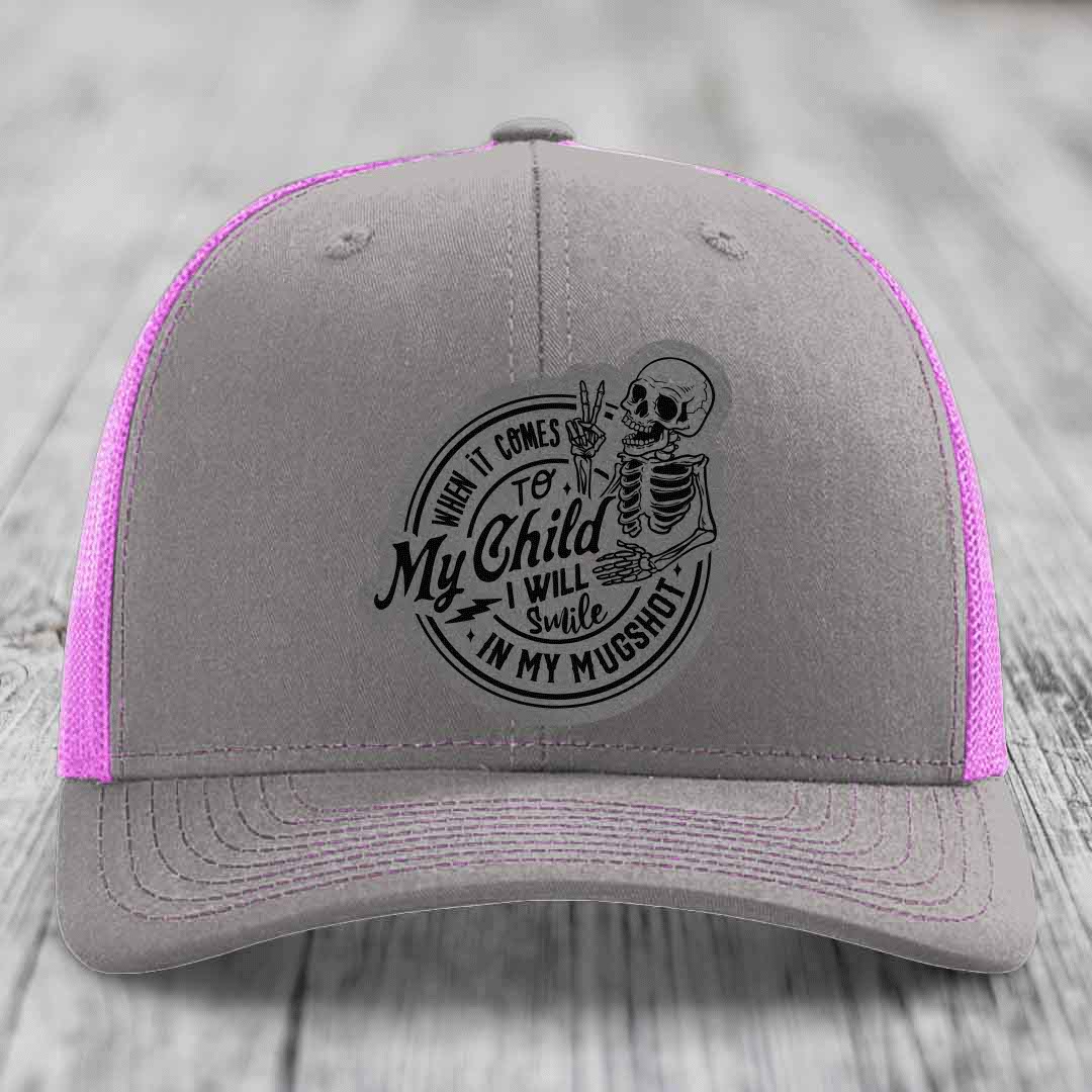 When It Comes To My Child, I Will Smile In My Mugshot (Papa) - Leather Patch Hat - Grey to Black Patch - Richardson 112 Snapback Trucker Hat