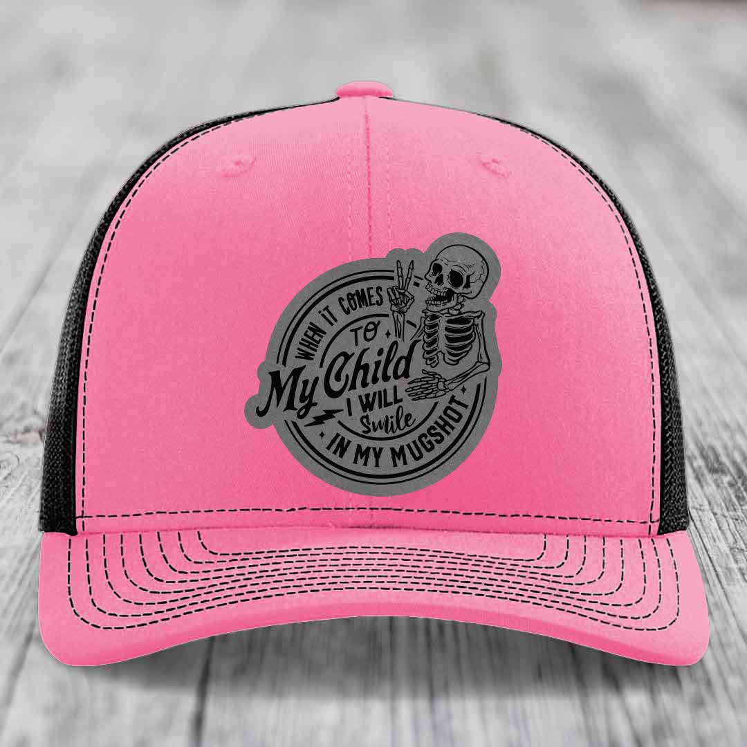 When It Comes To My Child, I Will Smile In My Mugshot (Papa) - Leather Patch Hat - Grey to Black Patch - Richardson 112 Snapback Trucker Hat