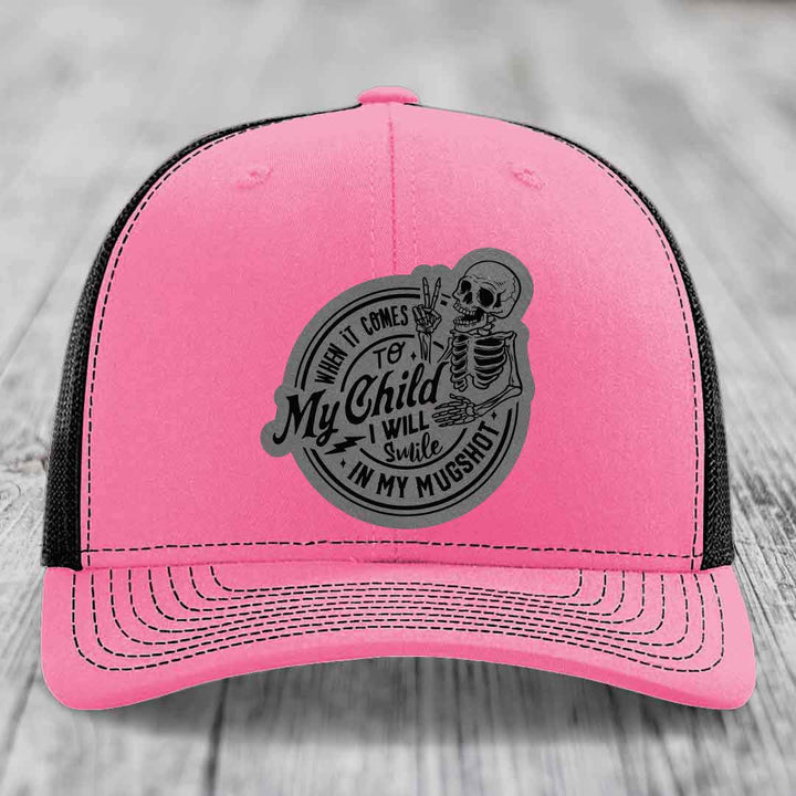 When It Comes To My Child, I Will Smile In My Mugshot (Papa) - Leather Patch Hat - Grey to Black Patch - Richardson 112 Snapback Trucker Hat