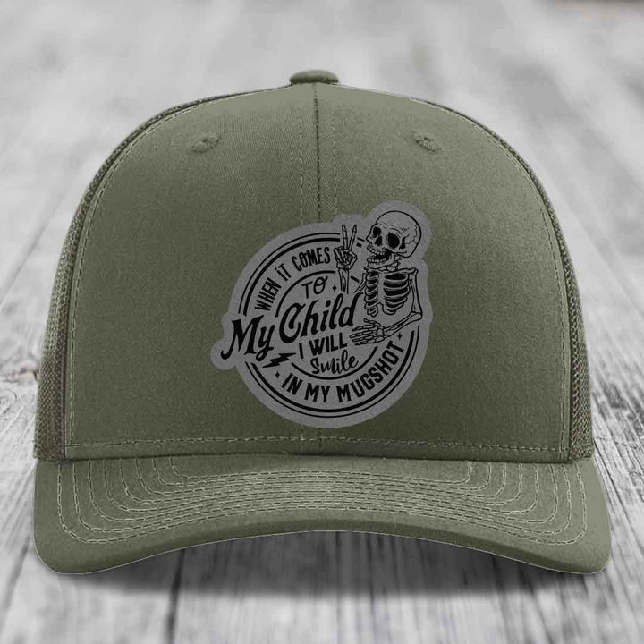 When It Comes To My Child, I Will Smile In My Mugshot (Papa) - Leather Patch Hat - Grey to Black Patch - Richardson 112 Snapback Trucker Hat