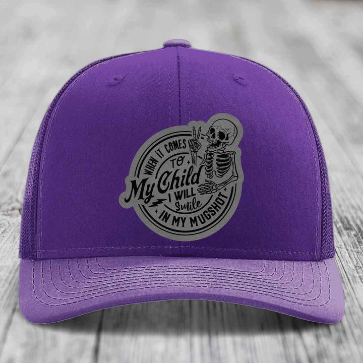 When It Comes To My Child, I Will Smile In My Mugshot (Papa) - Leather Patch Hat - Grey to Black Patch - Richardson 112 Snapback Trucker Hat