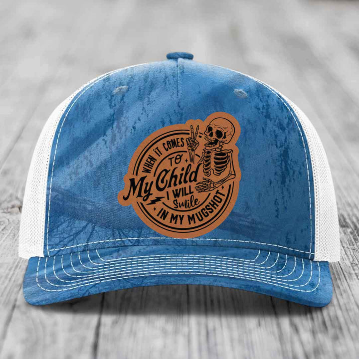 When It Comes To My Child, I Will Smile In My Mugshot (Papa) - Leather Patch Hat - Rawhide to Black Patch - Richardson 112PFP Snapback Trucker Hat