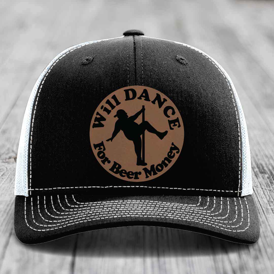 Black trucker hat with white stitching and a brown circular patch featuring a pole dancer silhouette and text &