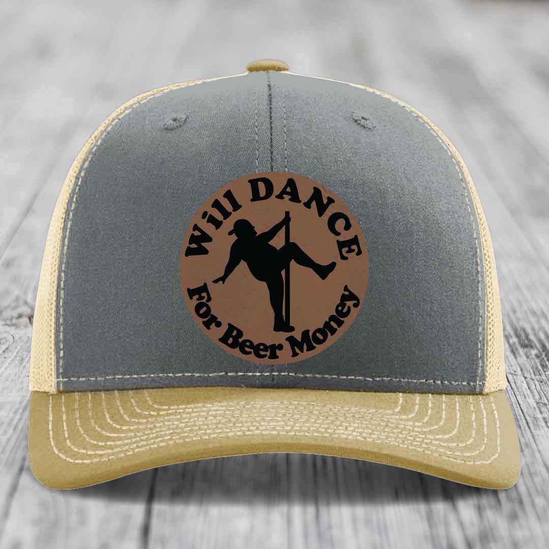 Grey and beige trucker hat with a brown leather patch showing a silhouette dancing on a pole with text &
