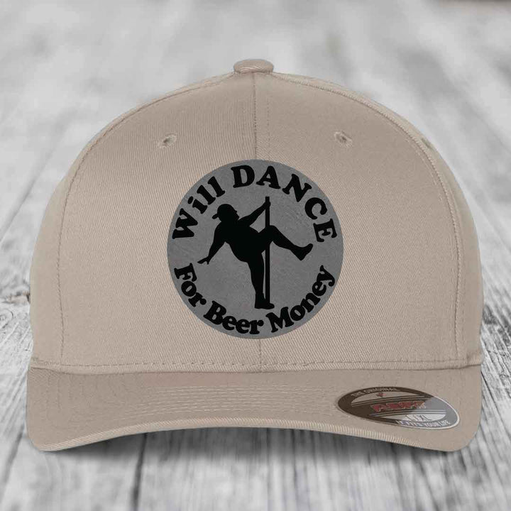 Beige baseball cap with black circular patch reading &