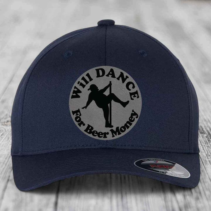 Dark blue baseball cap with circular patch showing silhouette of person dancing on pole and text &