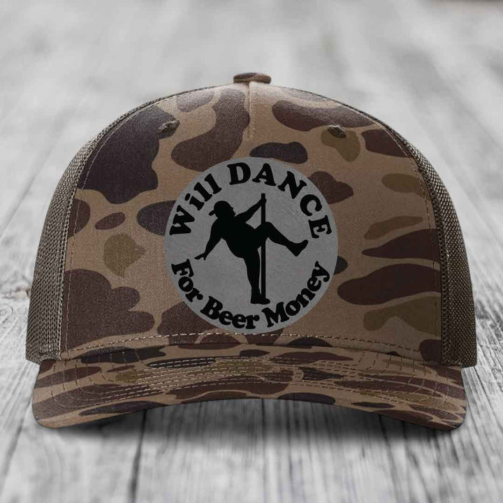 Will Dance For Beer Money - Leather Patch Hat - Grey to Black Patch - Richardson 112PFP Snapback Trucker Hat
