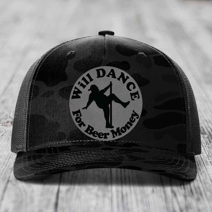 Will Dance For Beer Money - Leather Patch Hat - Grey to Black Patch - Richardson 112PFP Snapback Trucker Hat