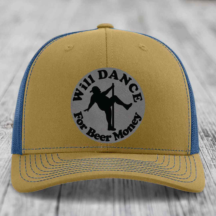 Tan and blue trucker hat with circular patch showing silhouette dancing for beer money.