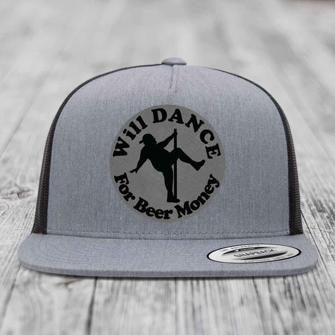 Grey trucker hat with black circular patch showing pole dancer silhouette and text &