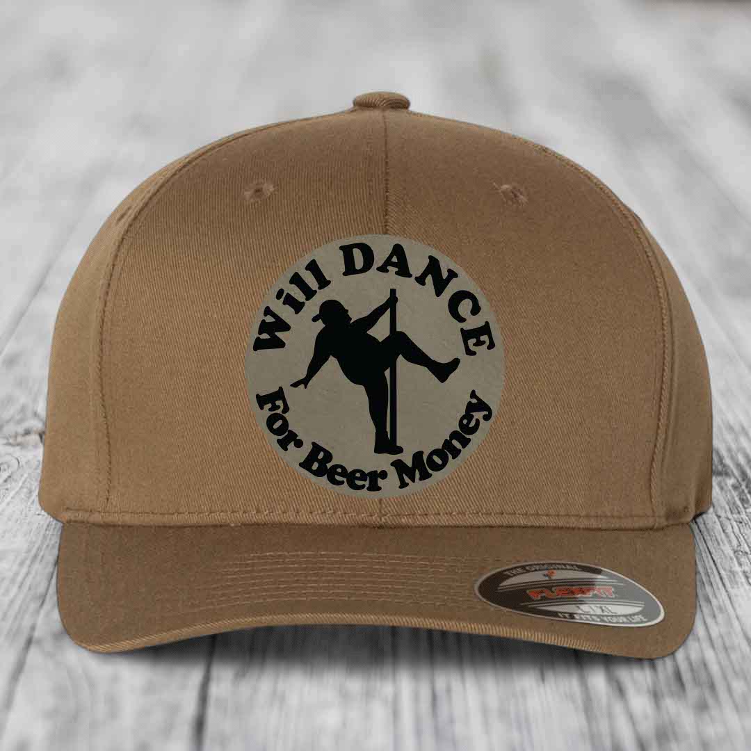 Tan baseball cap with circular patch showing silhouette dancing and text &