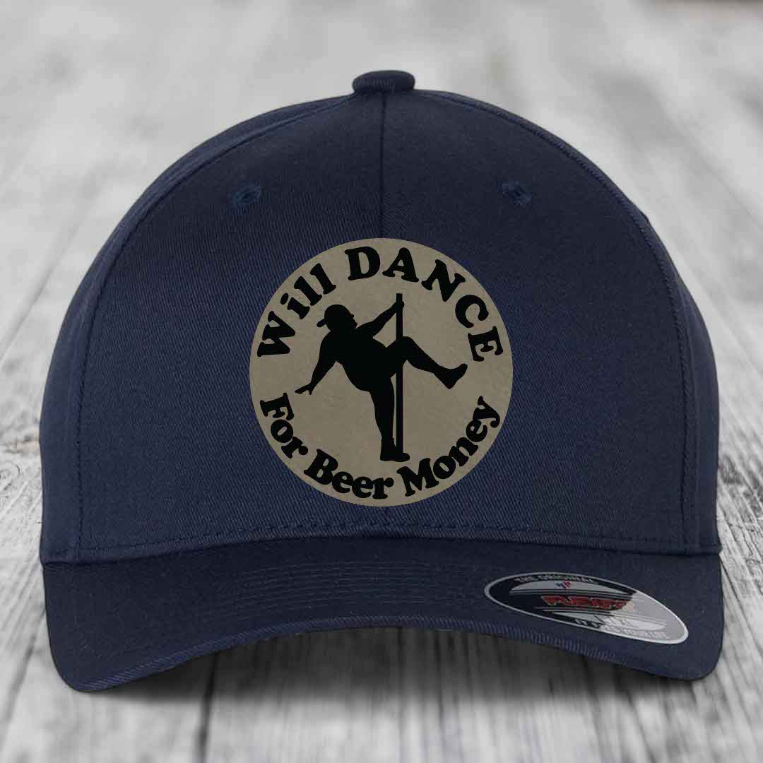 Dark blue baseball cap with circular patch showing silhouette of person dancing on pole and text &