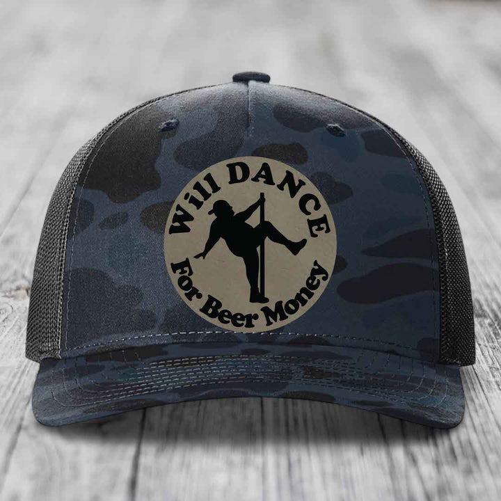 Will Dance For Beer Money - Leather Patch Hat - Light Brown to Black Patch - Richardson 112PFP Snapback Trucker Hat