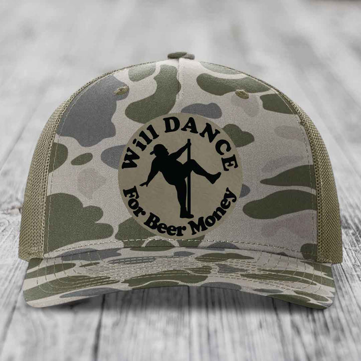 Will Dance For Beer Money - Leather Patch Hat - Light Brown to Black Patch - Richardson 112PFP Snapback Trucker Hat