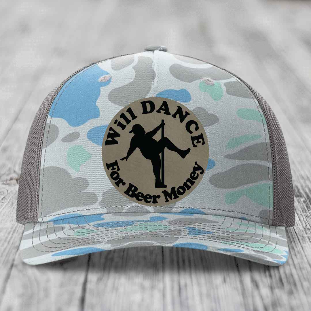 Will Dance For Beer Money - Leather Patch Hat - Light Brown to Black Patch - Richardson 112PFP Snapback Trucker Hat