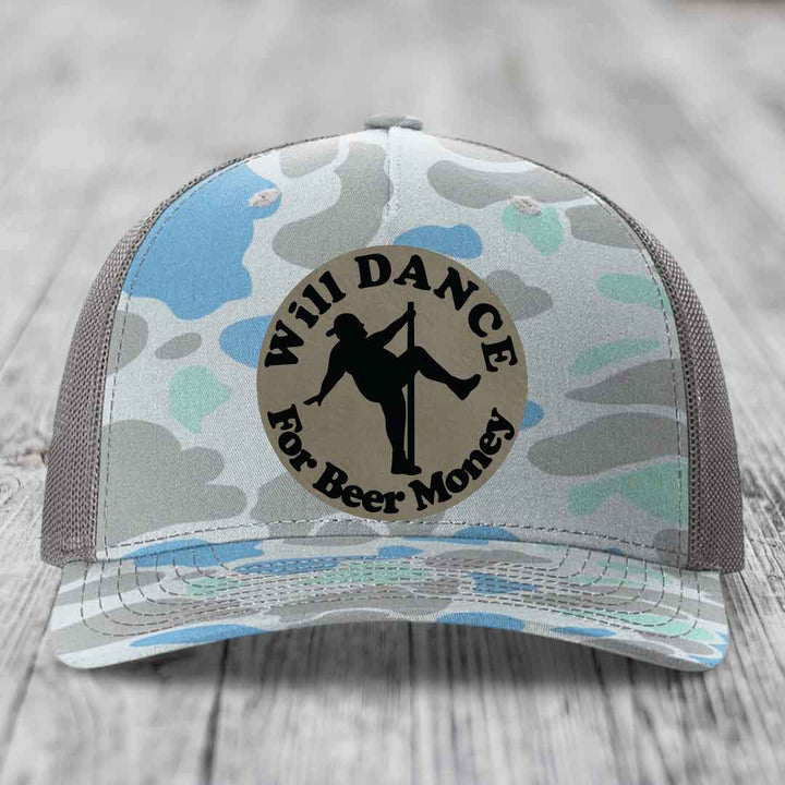 Will Dance For Beer Money - Leather Patch Hat - Light Brown to Black Patch - Richardson 112PFP Snapback Trucker Hat