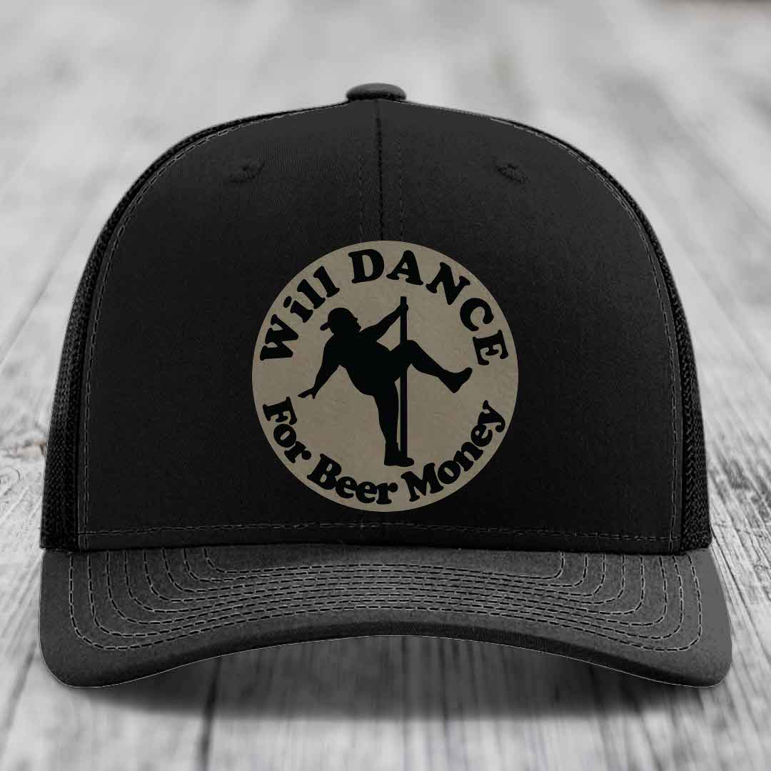 Black trucker hat with circular patch showing silhouette of person dancing on pole and text &