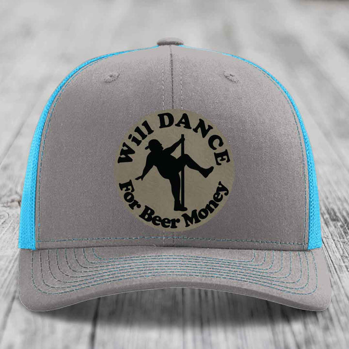 Will Dance For Beer Money - Leather Patch Hat - Light Brown to Black Patch - Richardson 112 Snapback Trucker Hat