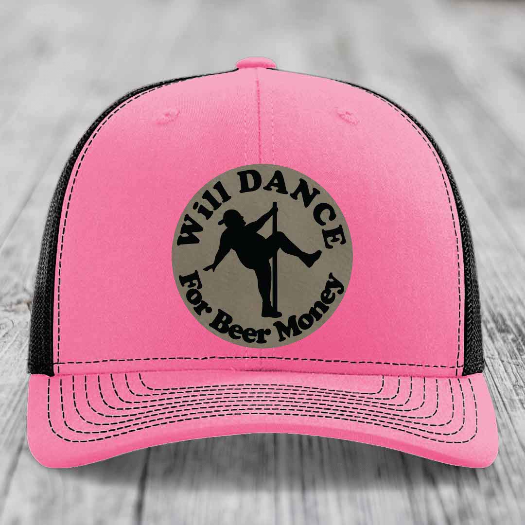 Will Dance For Beer Money - Leather Patch Hat - Light Brown to Black Patch - Richardson 112 Snapback Trucker Hat