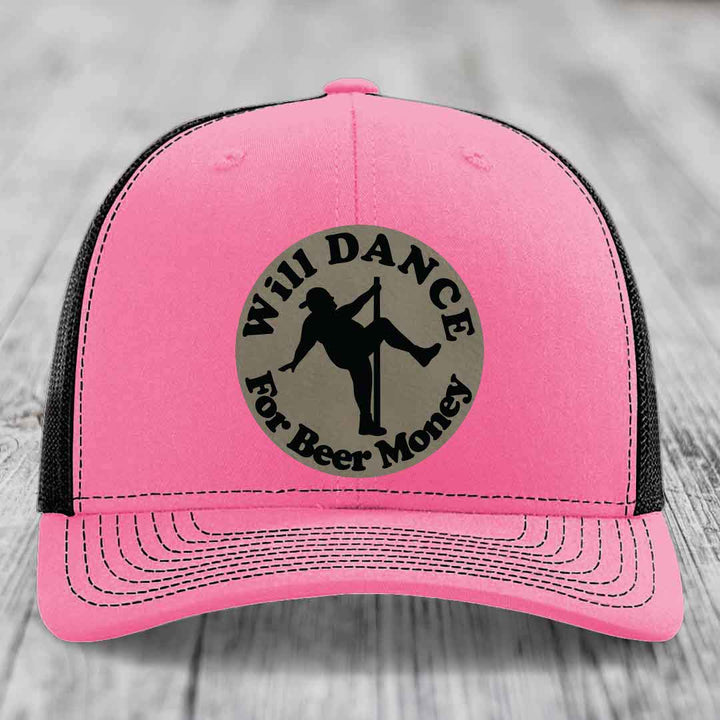 Will Dance For Beer Money - Leather Patch Hat - Light Brown to Black Patch - Richardson 112 Snapback Trucker Hat