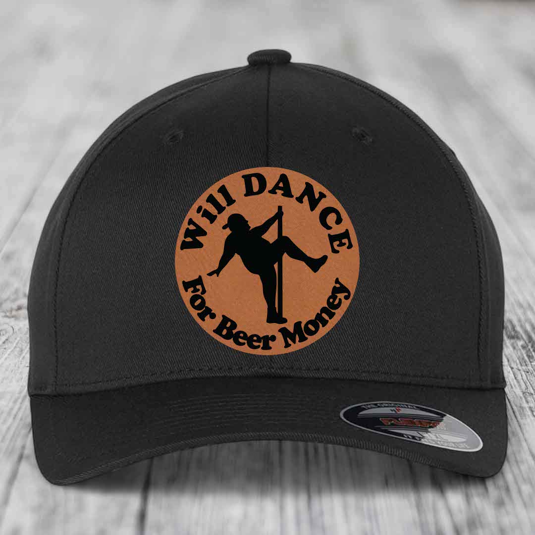 Black baseball cap with circular tan patch featuring a pole dancer silhouette and text &