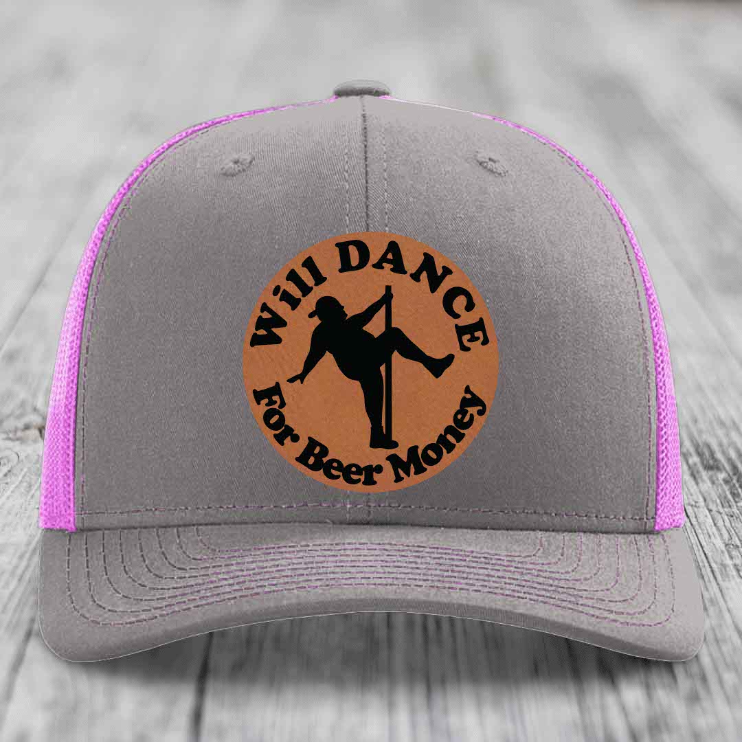 Will Dance For Beer Money - Leather Patch Hat - Rawhide to Black Patch - Richardson 112 Snapback Trucker Hat