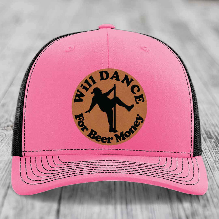 Will Dance For Beer Money - Leather Patch Hat - Rawhide to Black Patch - Richardson 112 Snapback Trucker Hat