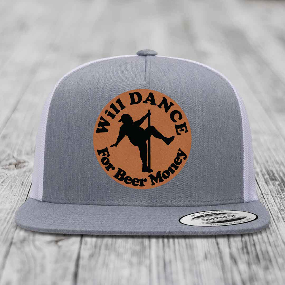 Grey trucker hat with brown circular patch showing silhouette dancing for beer money.