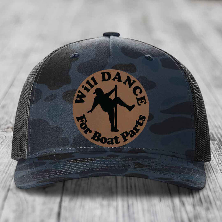 Camouflage trucker hat with brown circular patch reading &