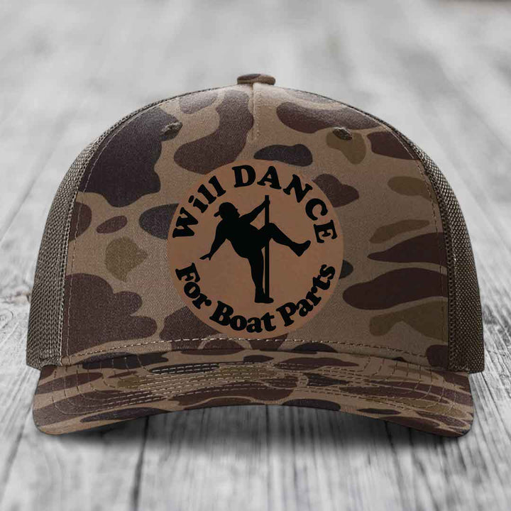 Will Dance For Boat Parts - Leather Patch Hat - Dark Brown to Black Patch - Richardson 112PFP Snapback Trucker Hat