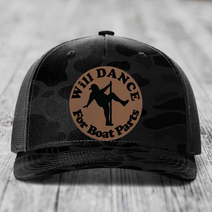 Will Dance For Boat Parts - Leather Patch Hat - Dark Brown to Black Patch - Richardson 112PFP Snapback Trucker Hat