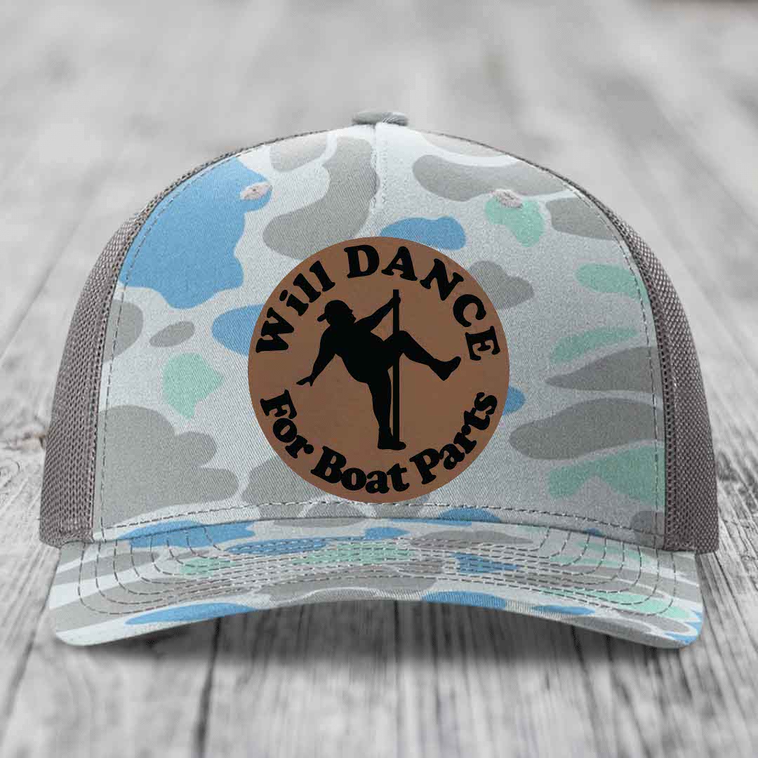 Will Dance For Boat Parts - Leather Patch Hat - Dark Brown to Black Patch - Richardson 112PFP Snapback Trucker Hat