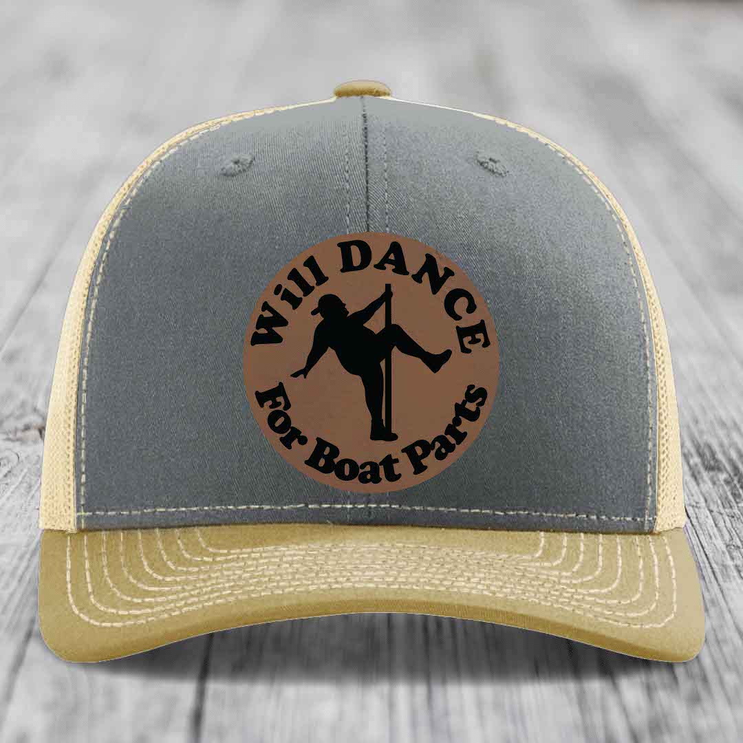 Grey and beige trucker hat with brown leather patch reading &