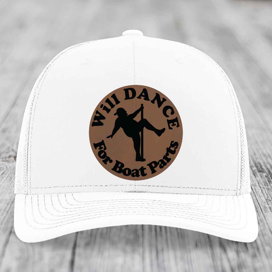 White trucker hat with brown circular patch showing silhouette of person pole dancing and text &