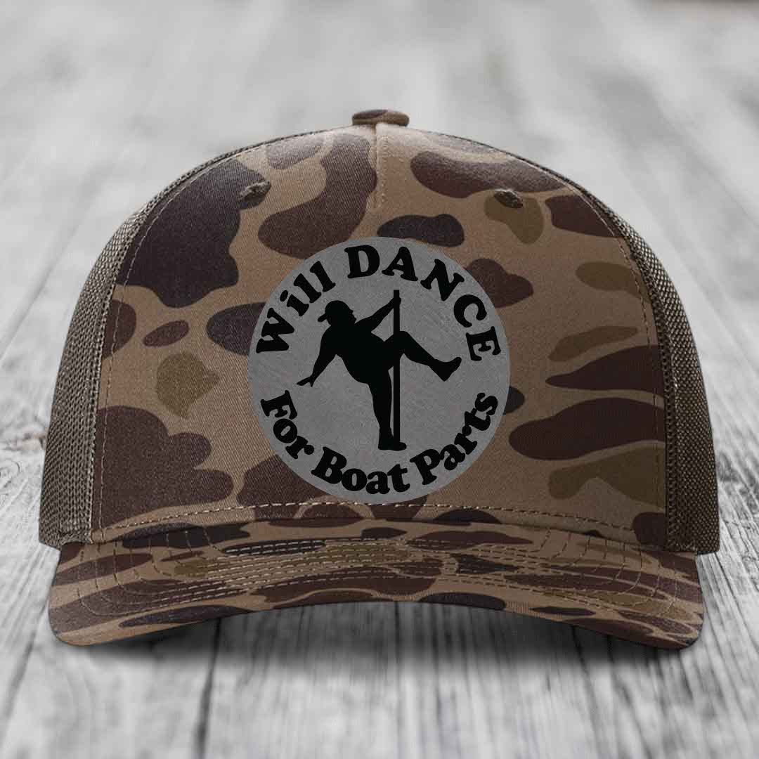 Will Dance For Boat Parts - Leather Patch Hat - Grey to Black Patch - Richardson 112PFP Snapback Trucker Hat