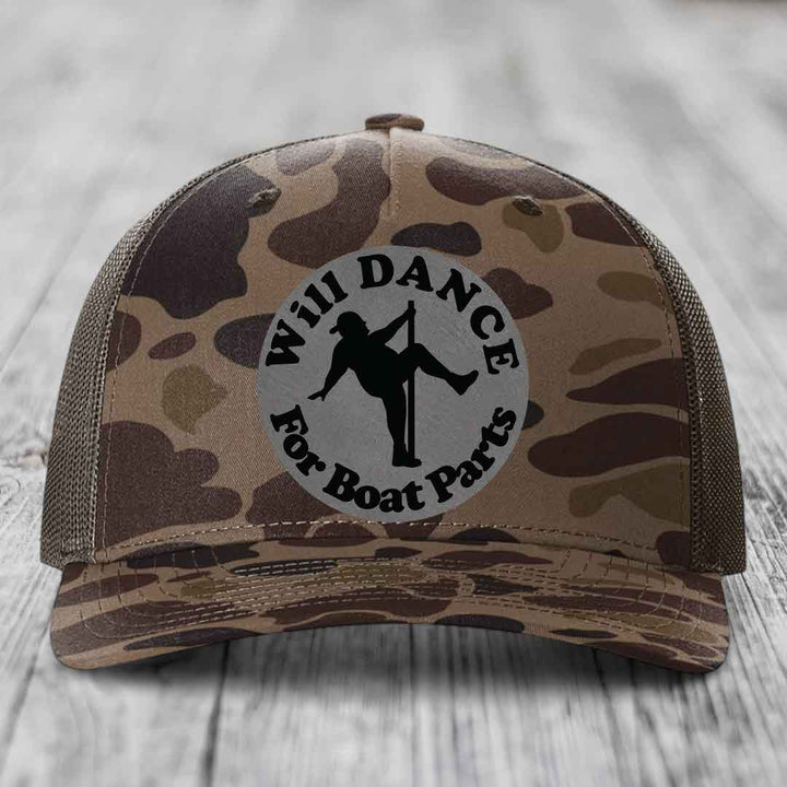 Will Dance For Boat Parts - Leather Patch Hat - Grey to Black Patch - Richardson 112PFP Snapback Trucker Hat