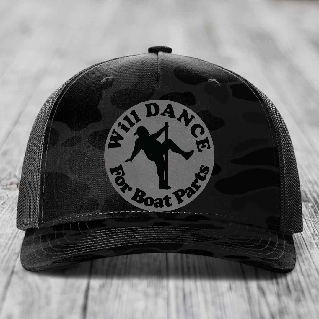 Will Dance For Boat Parts - Leather Patch Hat - Grey to Black Patch - Richardson 112PFP Snapback Trucker Hat