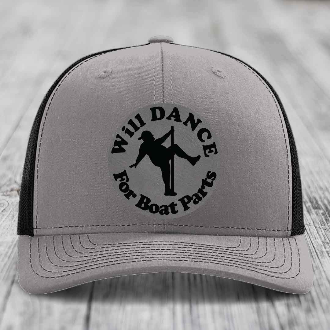 Grey trucker hat with black mesh back and embroidered &
