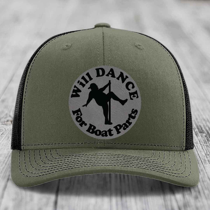 Olive green trucker hat with black mesh back and a circular patch that reads &