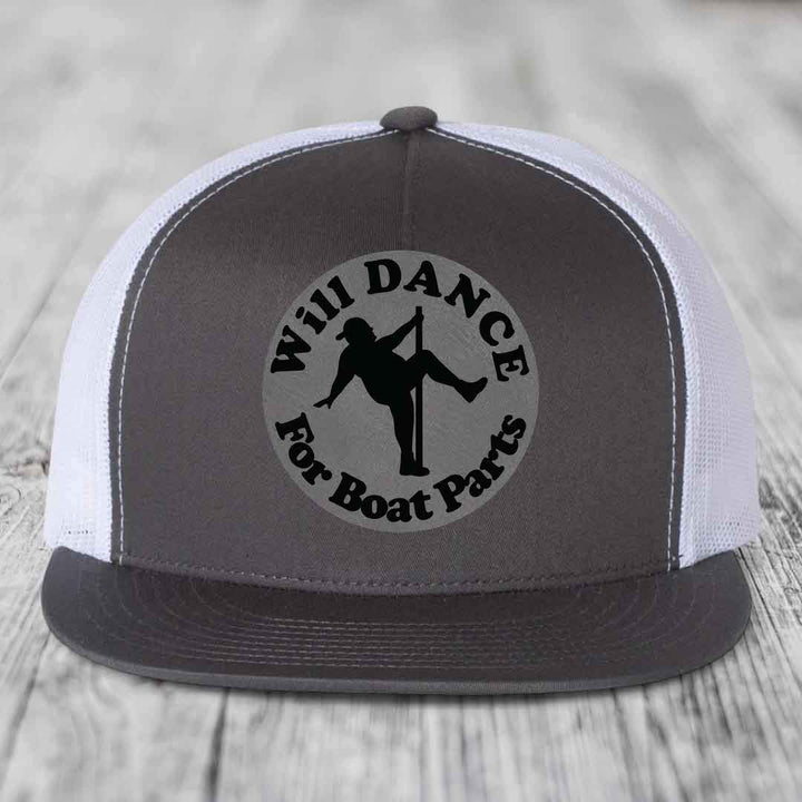 Will Dance For Boat Parts - Leather Patch Hat - Grey to Black Patch - Yupoong 6006 Snapback Flatbill Hat