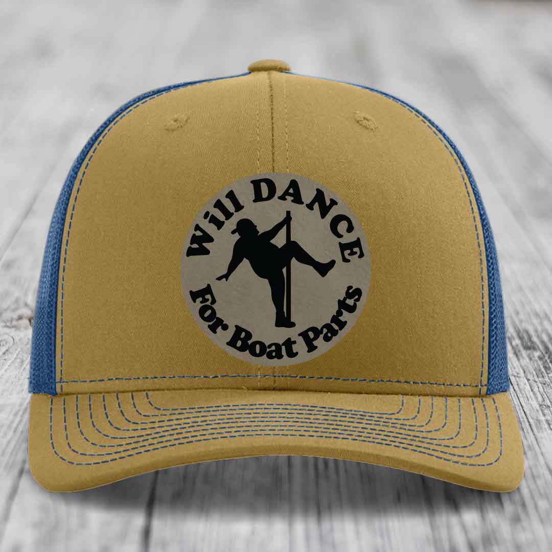 Tan and blue trucker hat with circular patch reading &