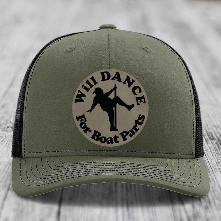 Olive green trucker hat with black mesh back and a circular patch that reads &