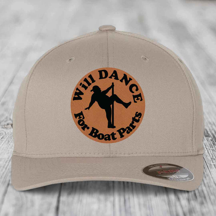 Will Dance For Boat Parts - Leather Patch Hat - Rawhide to Black Patch - Flexfit 6277 Fitted Hat