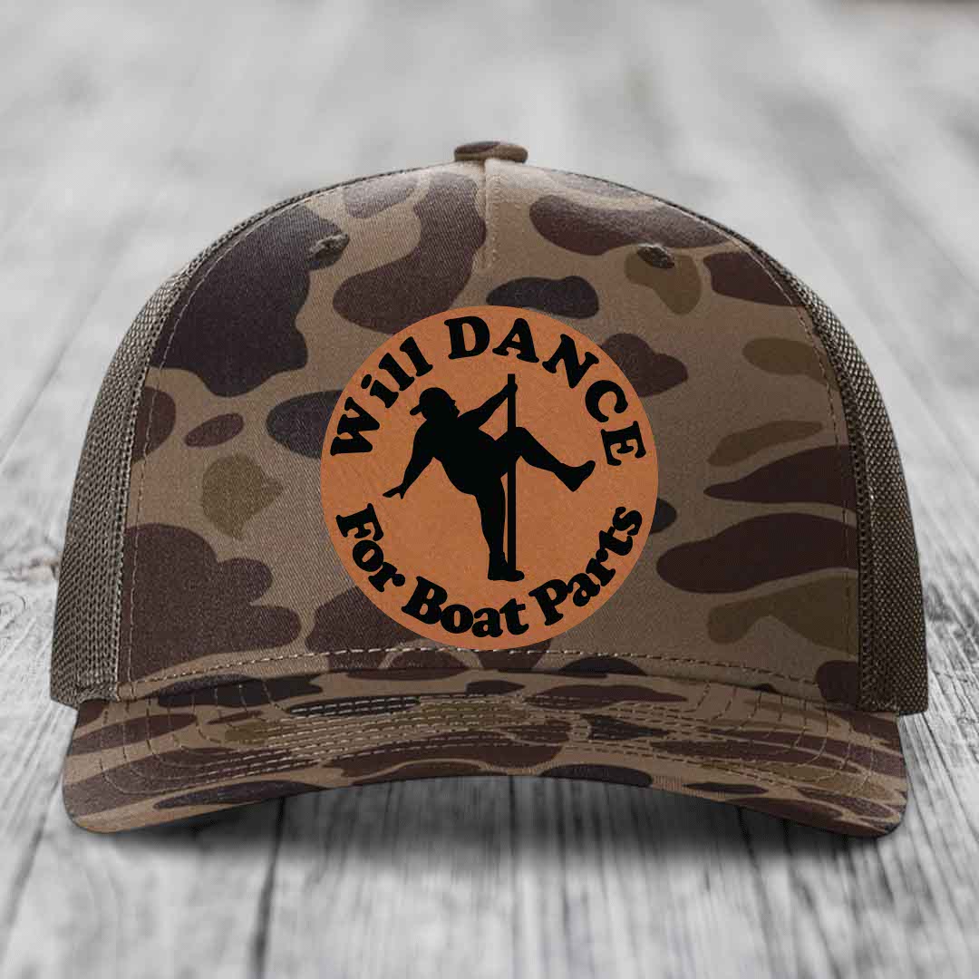 Will Dance For Boat Parts - Leather Patch Hat - Rawhide to Black Patch - Richardson 112PFP Snapback Trucker Hat