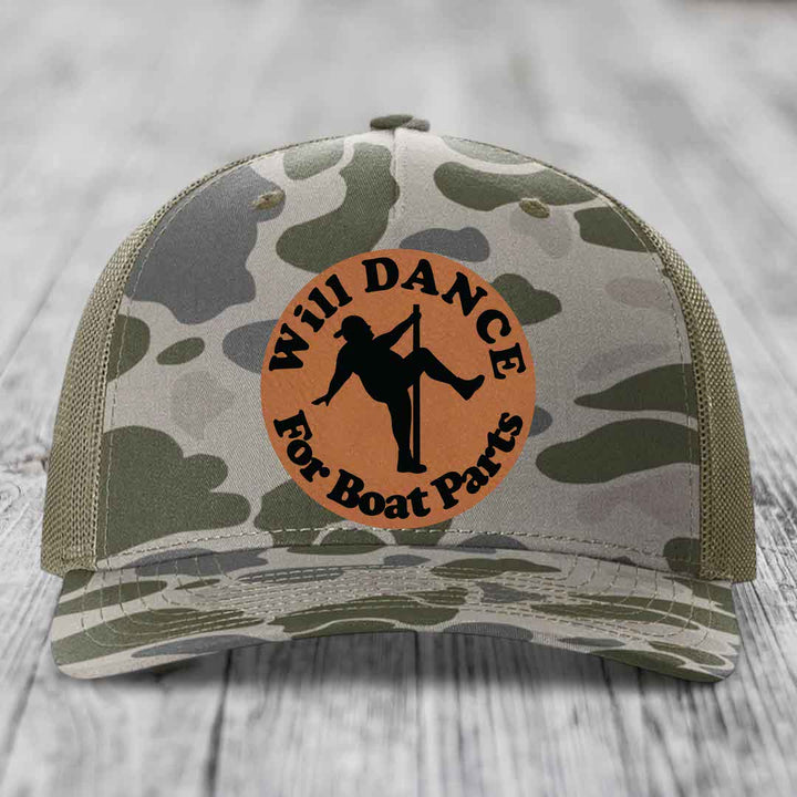 Will Dance For Boat Parts - Leather Patch Hat - Rawhide to Black Patch - Richardson 112PFP Snapback Trucker Hat