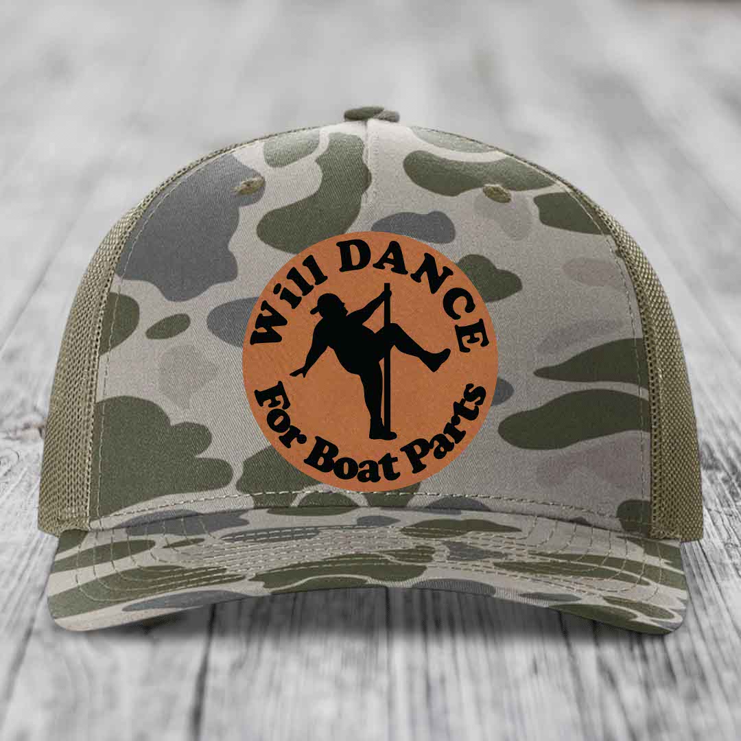 Camouflage trucker hat with brown circular patch reading &