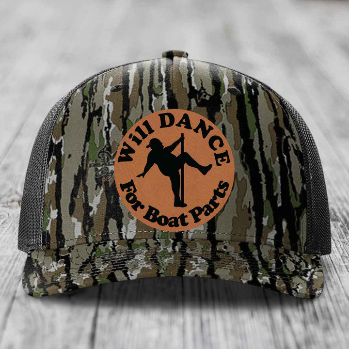 Will Dance For Boat Parts - Leather Patch Hat - Rawhide to Black Patch - Richardson 112PFP Snapback Trucker Hat